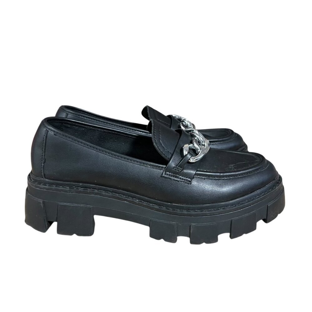 Womens No Boundaries Black Chunky Loafers With Silver Chain Detail Size 7 - Picture 6 of 8
